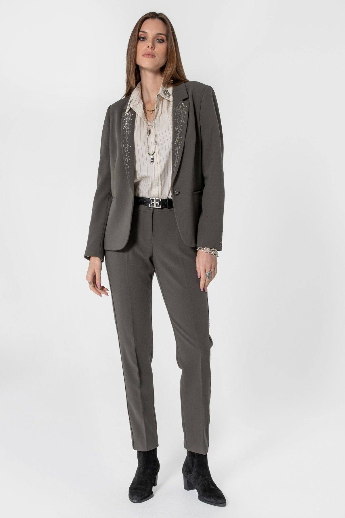 Veste tailleur à strass et clous kaki - 1