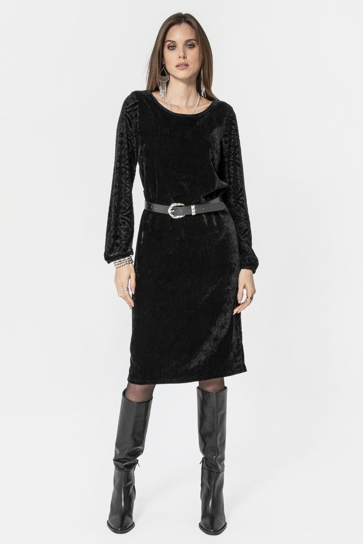 Robe midi en velours côtelé noir - 1
