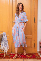 Robe chemise rayée bleu et orange - 1