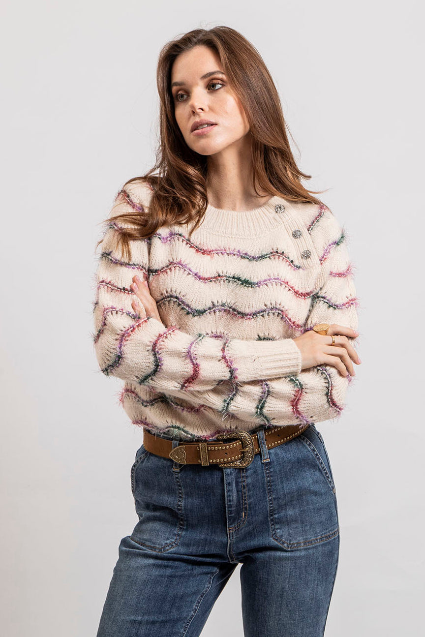 Pull rayé écru et rose - 1