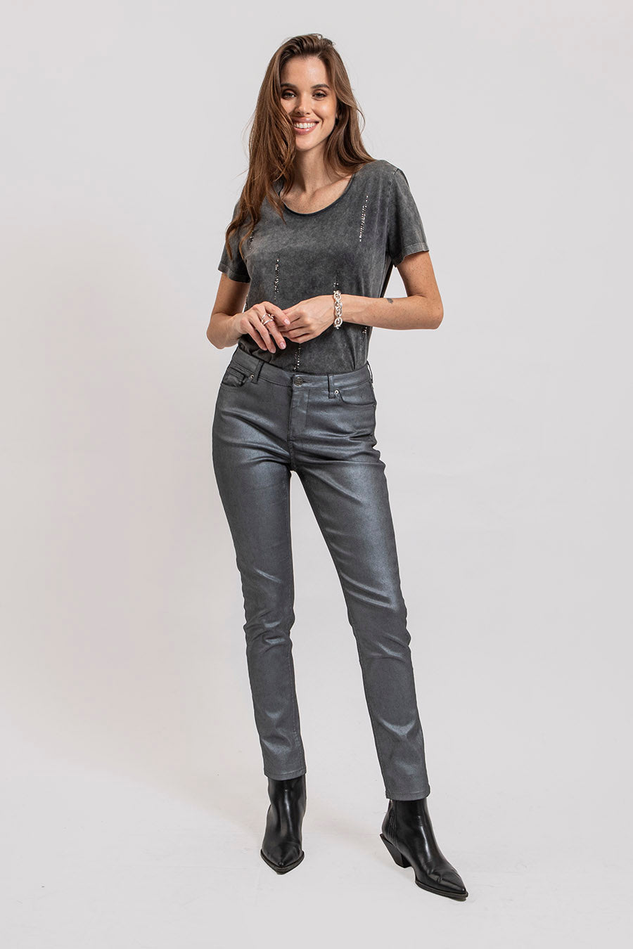 Pantalon slim gris argent - 1