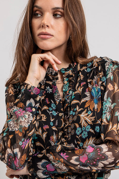 Blouse imprimé floral vert et orchidee - 1
