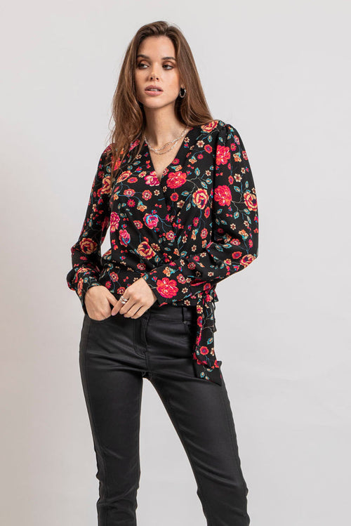 Blouse cache coeur imprimé noir et rose - 1