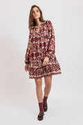Robe courte imprimé écru et bordeaux - 1