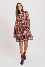 Robe courte imprimé écru et bordeaux - 1