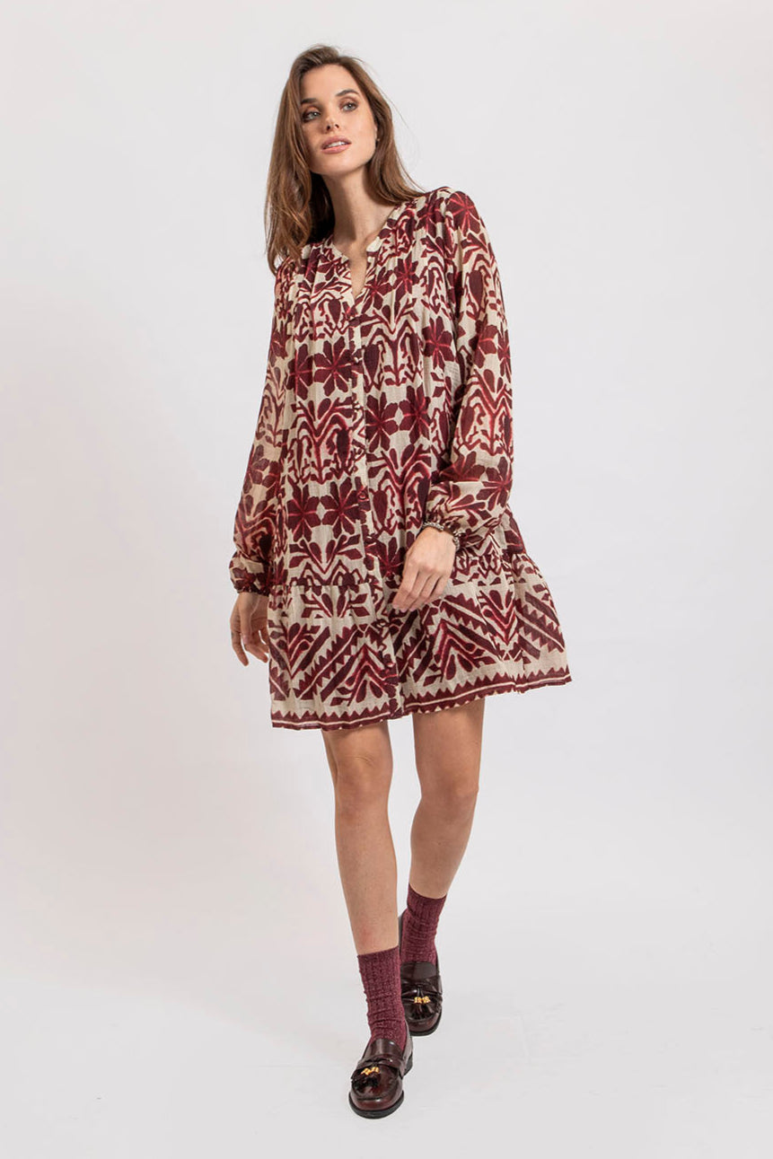 Robe courte imprimé écru et bordeaux - 1