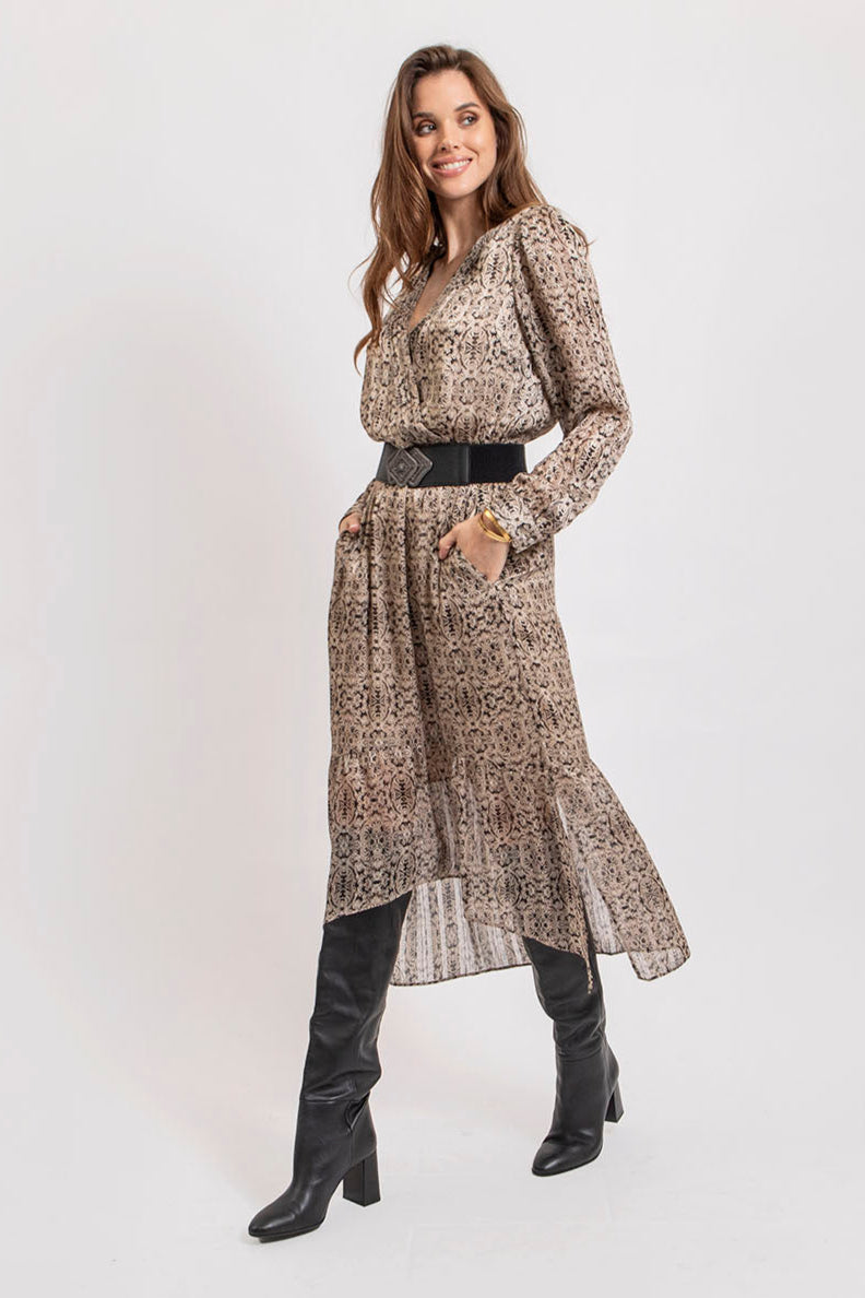 Robe longue imprimé beige et noir - 1
