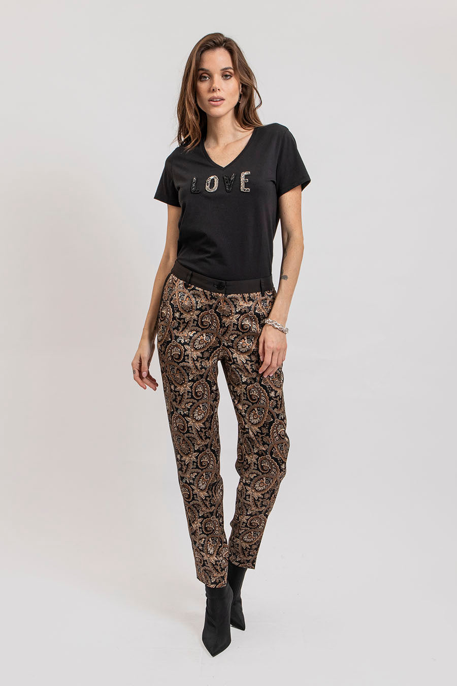 Pantalon imprimé baroque noir et beige - 1