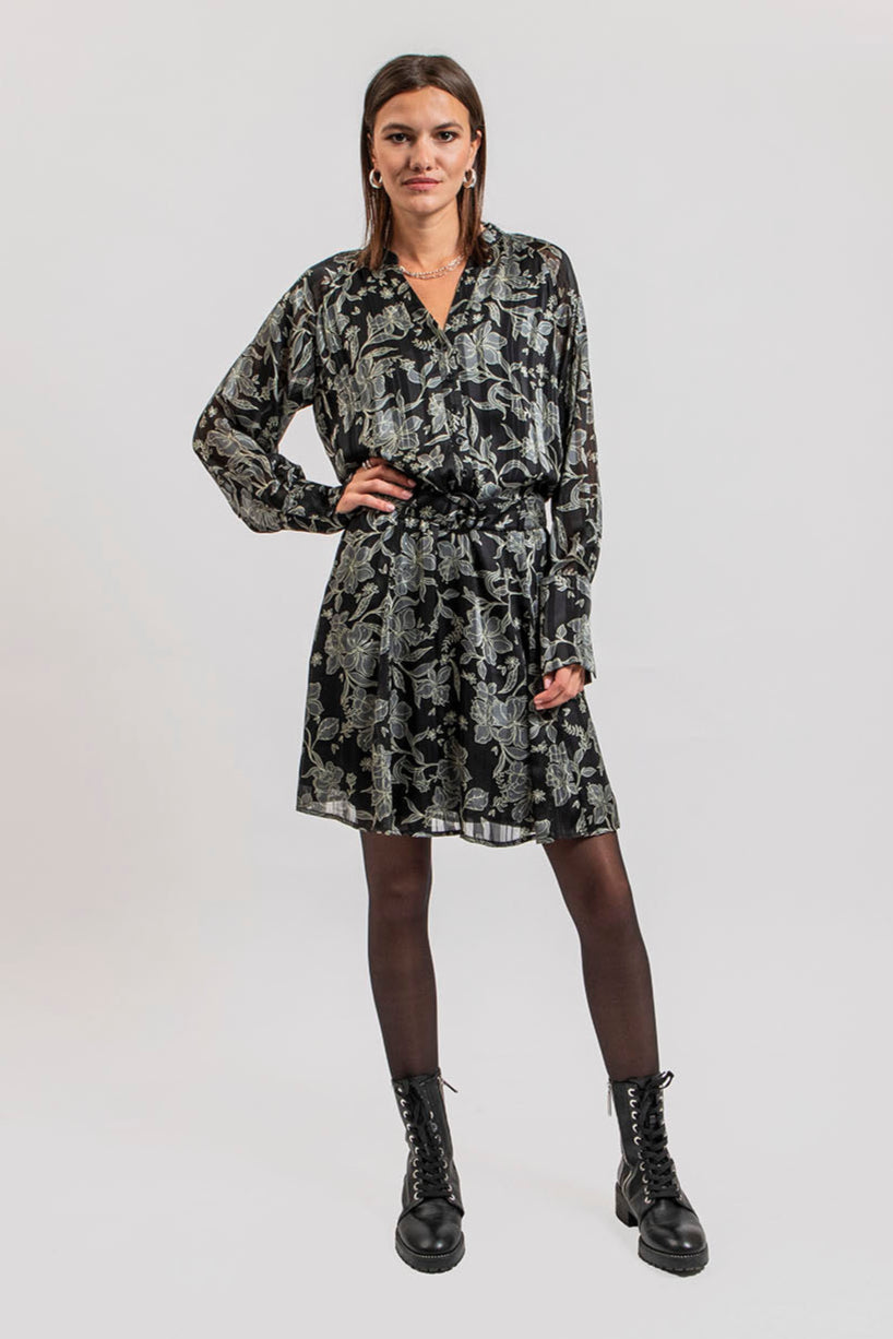 Robe courte imprimé fleurs noir et kaki - 1