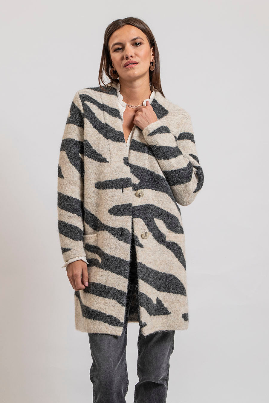 Gilet long imprimé zébré écru et gris - 1