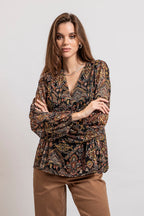 Blouse imprimé noir et rouille - 1