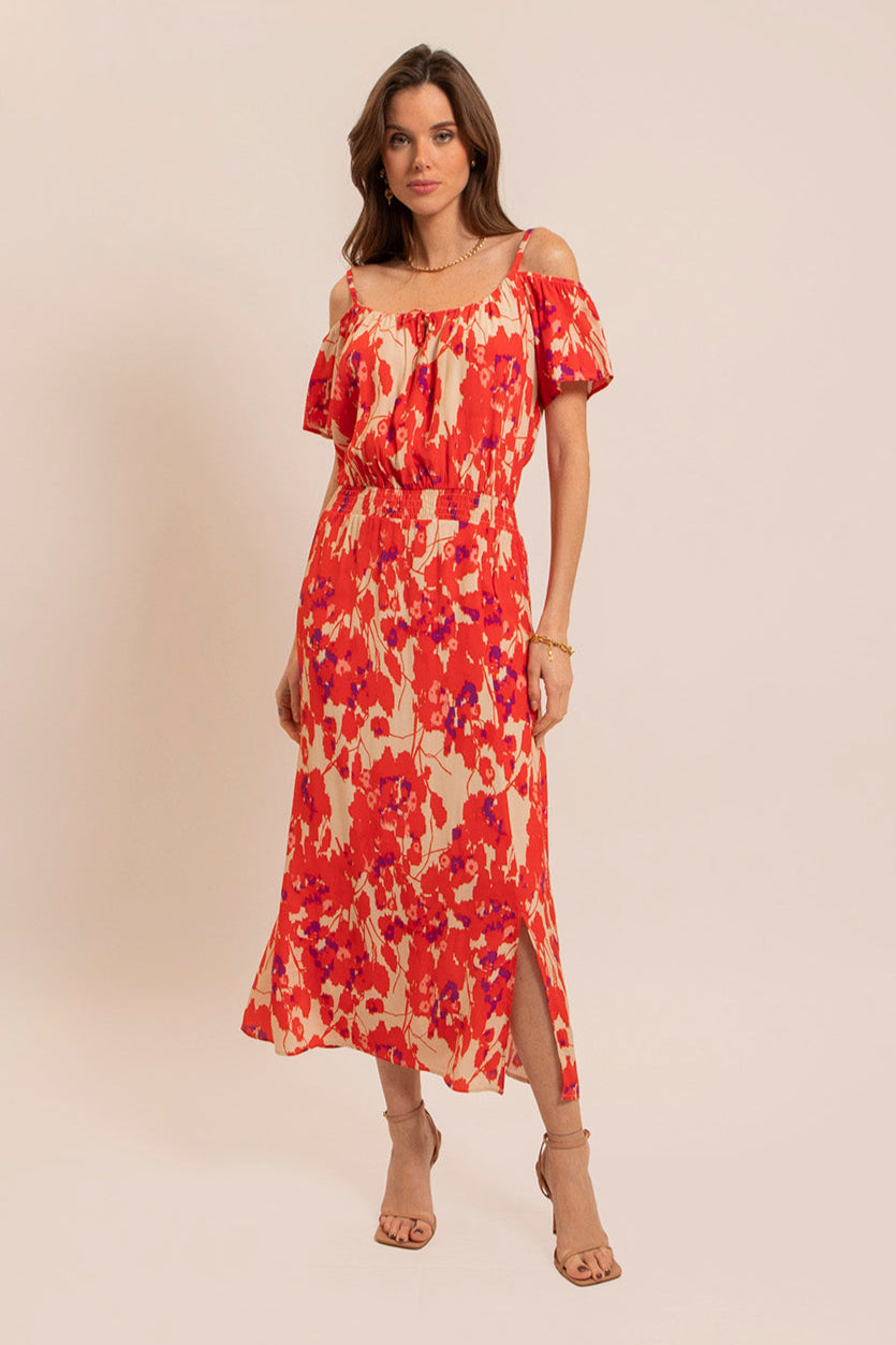 Robe longue fluide rouge et rose - 1
