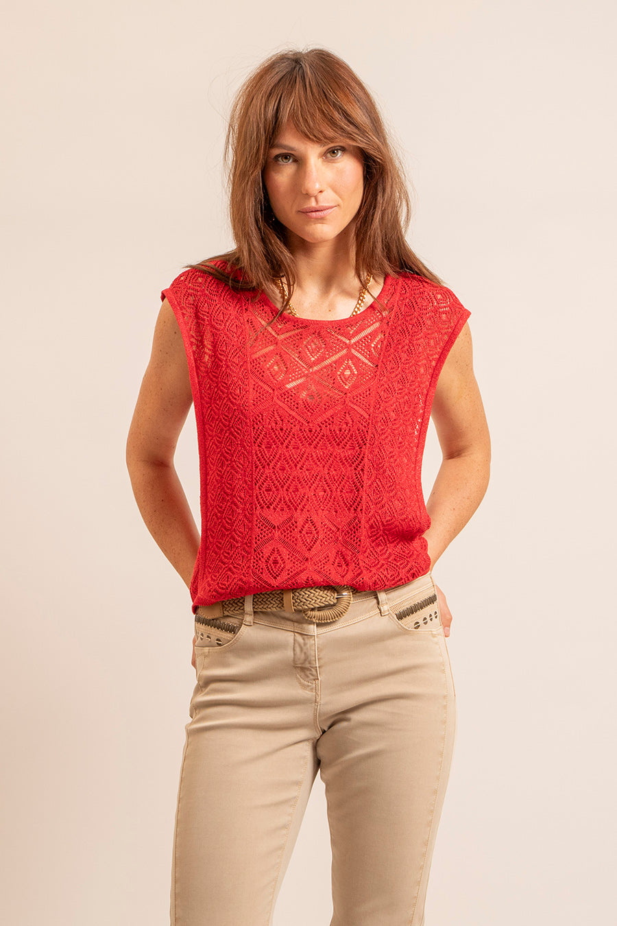 Pull façon dentelle rouge - 1