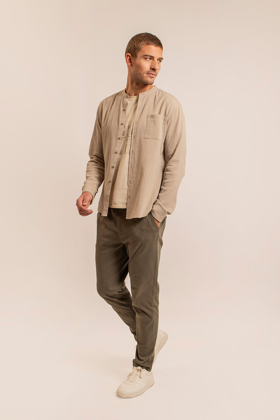 Chemise col mao kaki clair - 2
