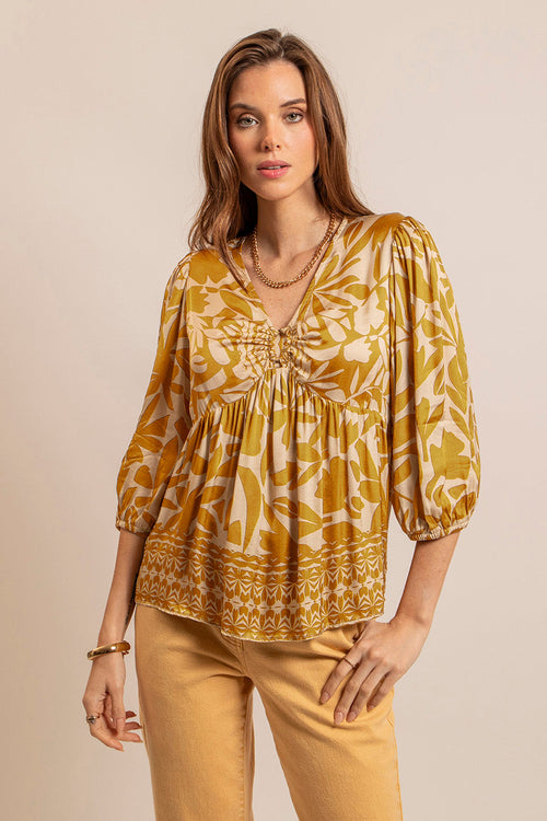 Blouse imprimé écru et ocre - 1