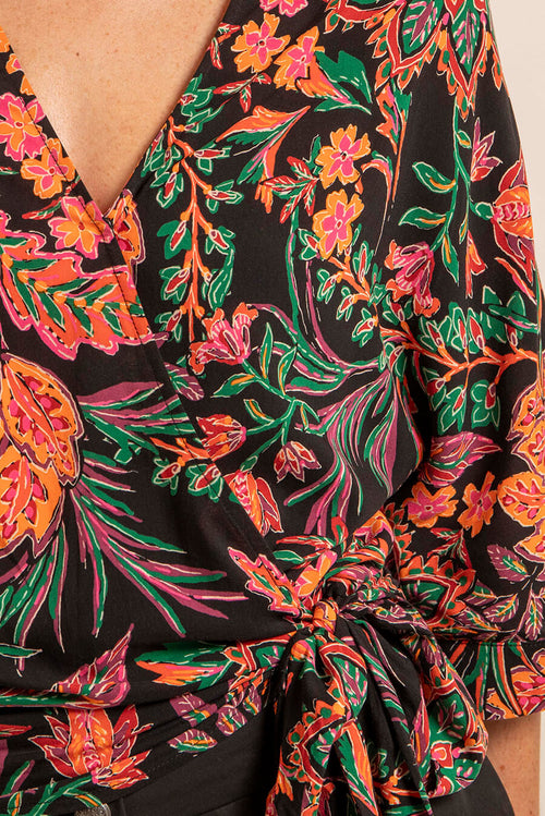 Blouse cache-coeur imprimé noir et orange - 2