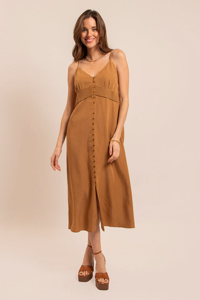 Robe midi en lin caramel - 1