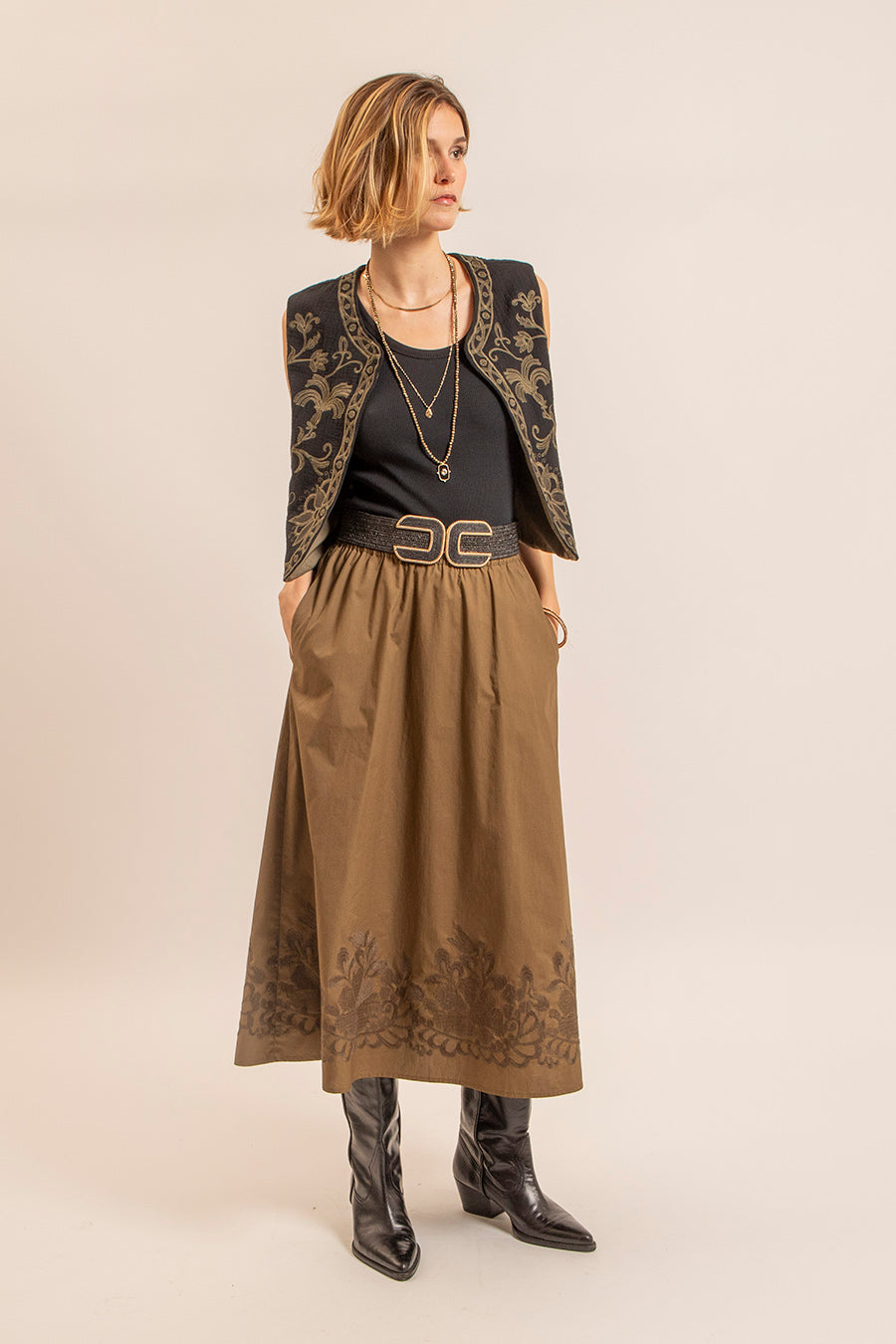 Jupe corolle olive - 1