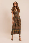Robe longue infroissable kaki et ocre - 1