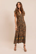 Robe longue infroissable kaki et ocre - 1