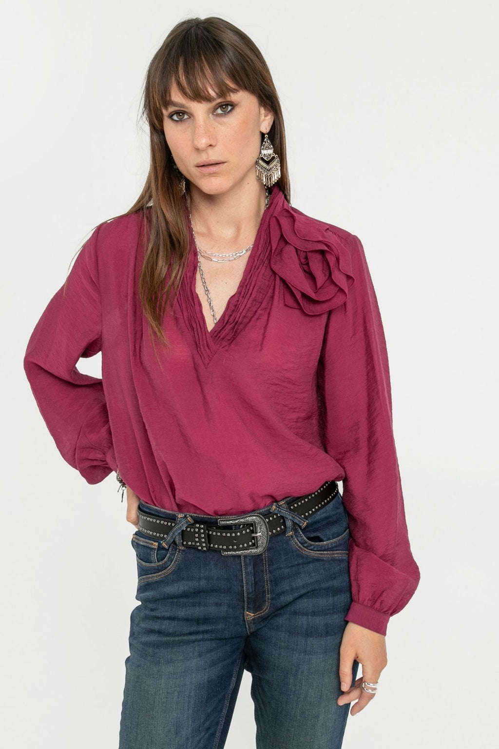 Blouse fleur coloris lie de vin - 1