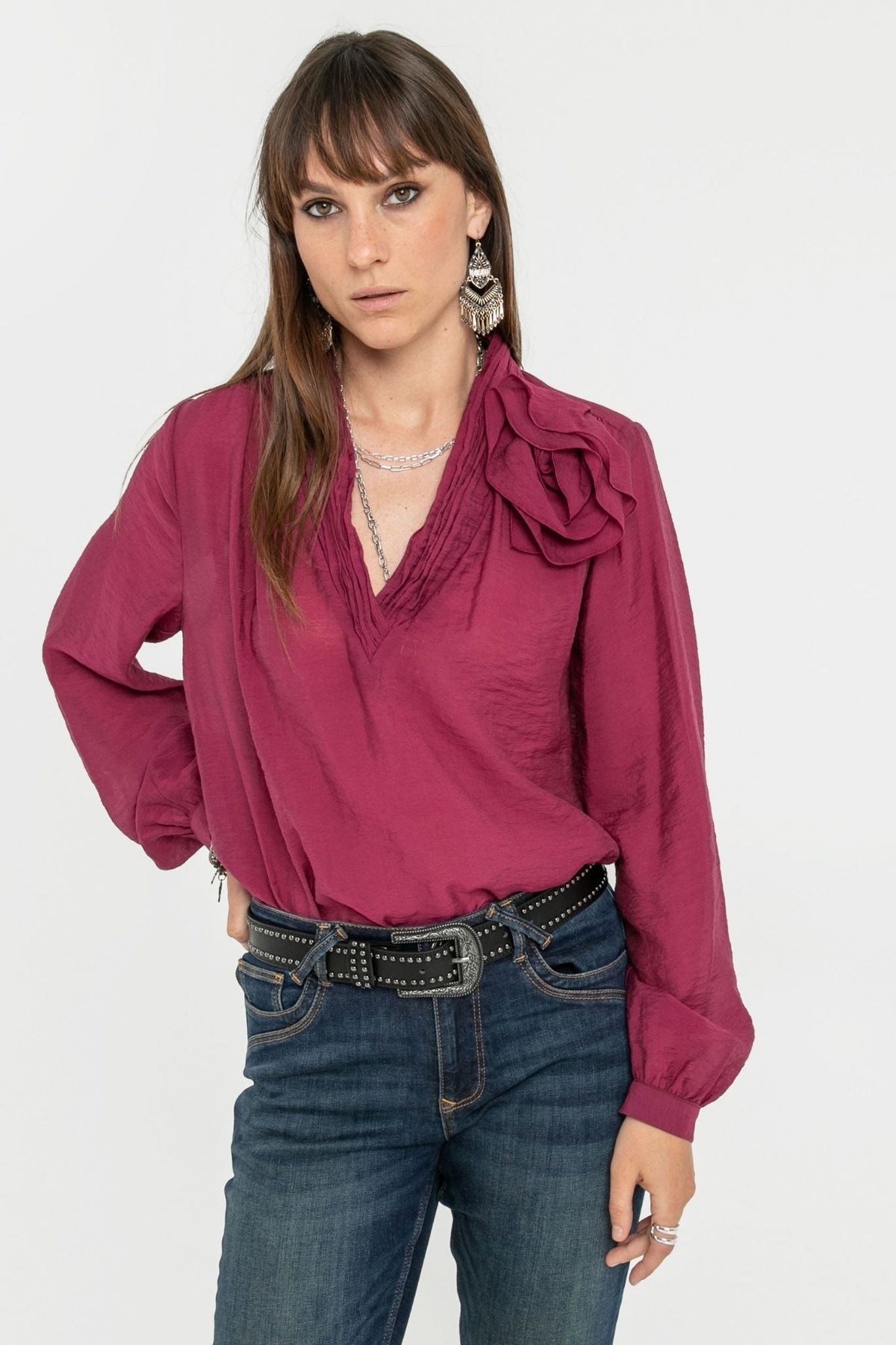 Blouse fleur coloris lie de vin - 1