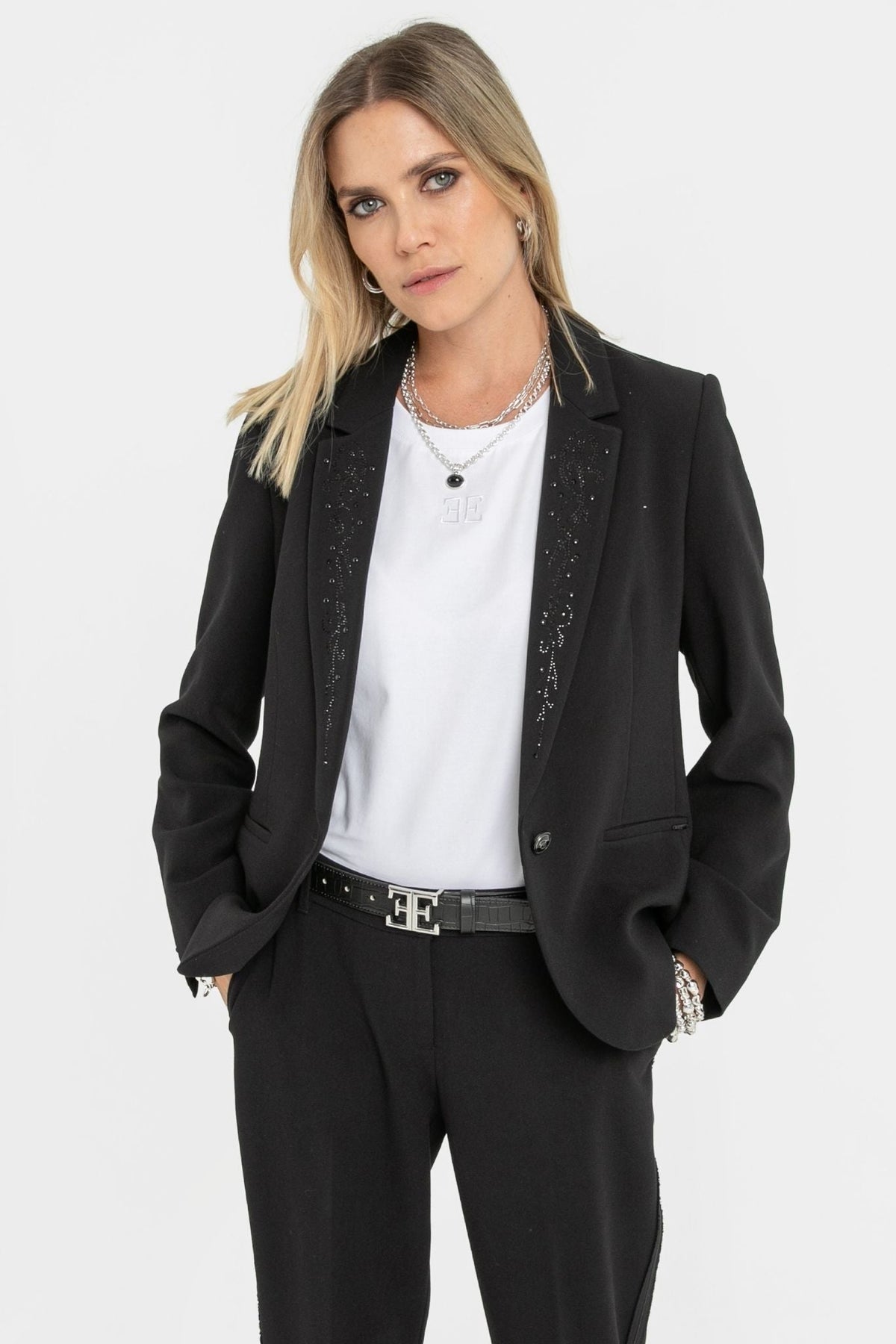 Veste tailleur à strass et clous noir - 1