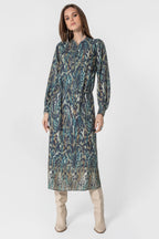 Robe longue imprimé Ikat bleu et kaki - 1