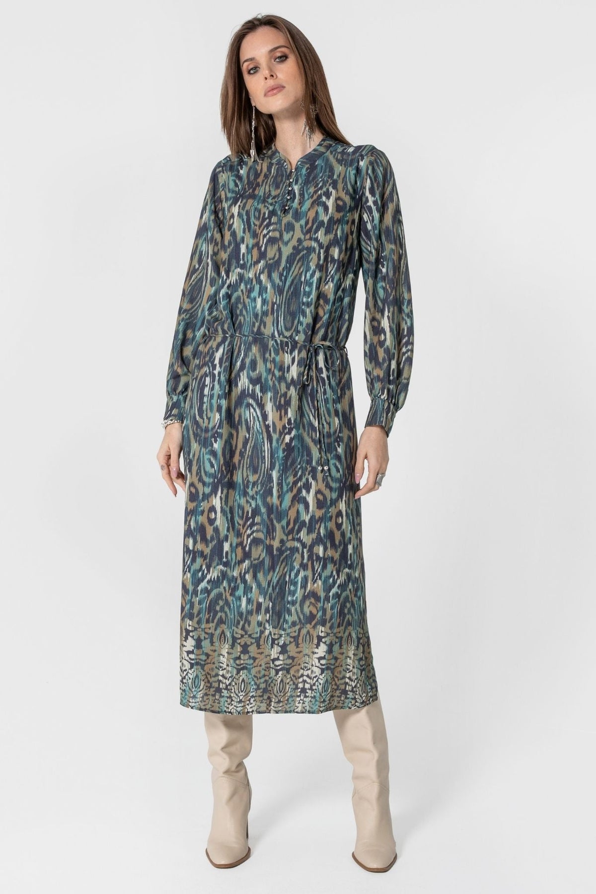 Robe longue imprimé Ikat bleu et kaki - 1