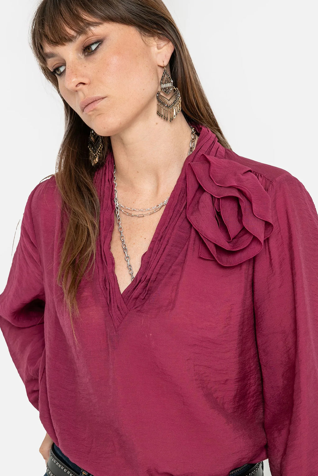 Blouse fleur coloris lie de vin - 2