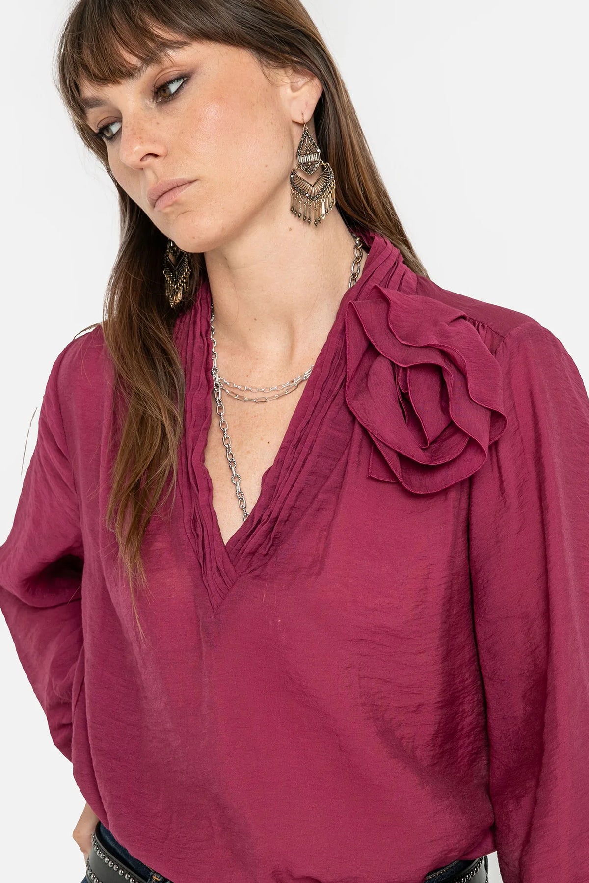 Blouse fleur coloris lie de vin - 2