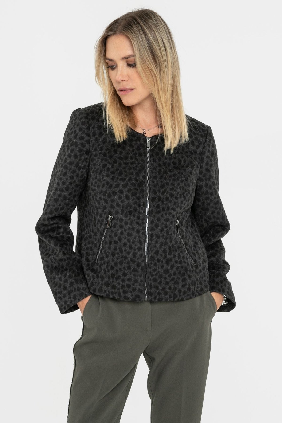 Veste inspiration couture imprimé léopard noir et gris - 1