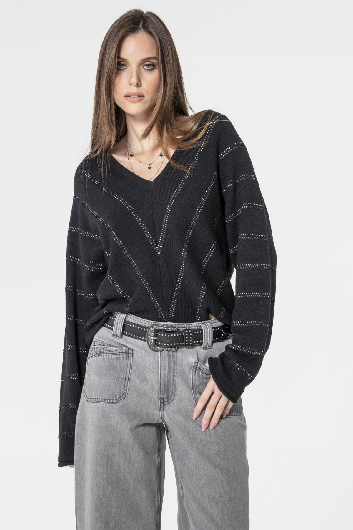 Pull noir à rayures lurex - 1
