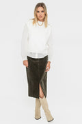 Jupe midi en velours kaki - 1