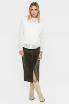 Jupe midi en velours kaki - 1