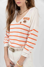 Pull marinière écru orange brodé - 2