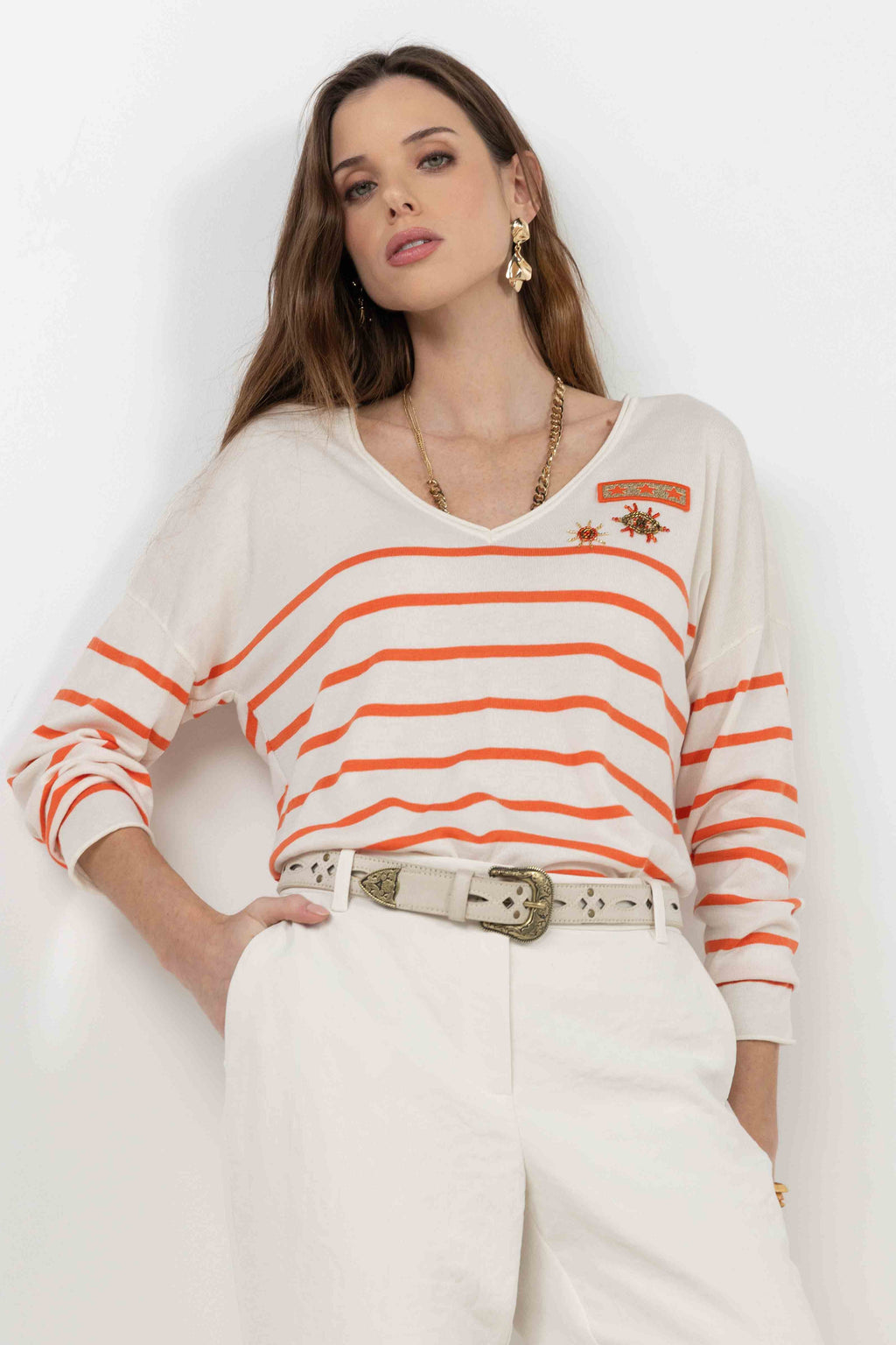 Pull marinière écru orange brodé - 1
