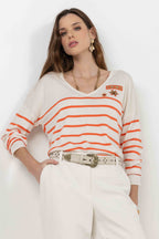 Pull marinière écru orange brodé - 1
