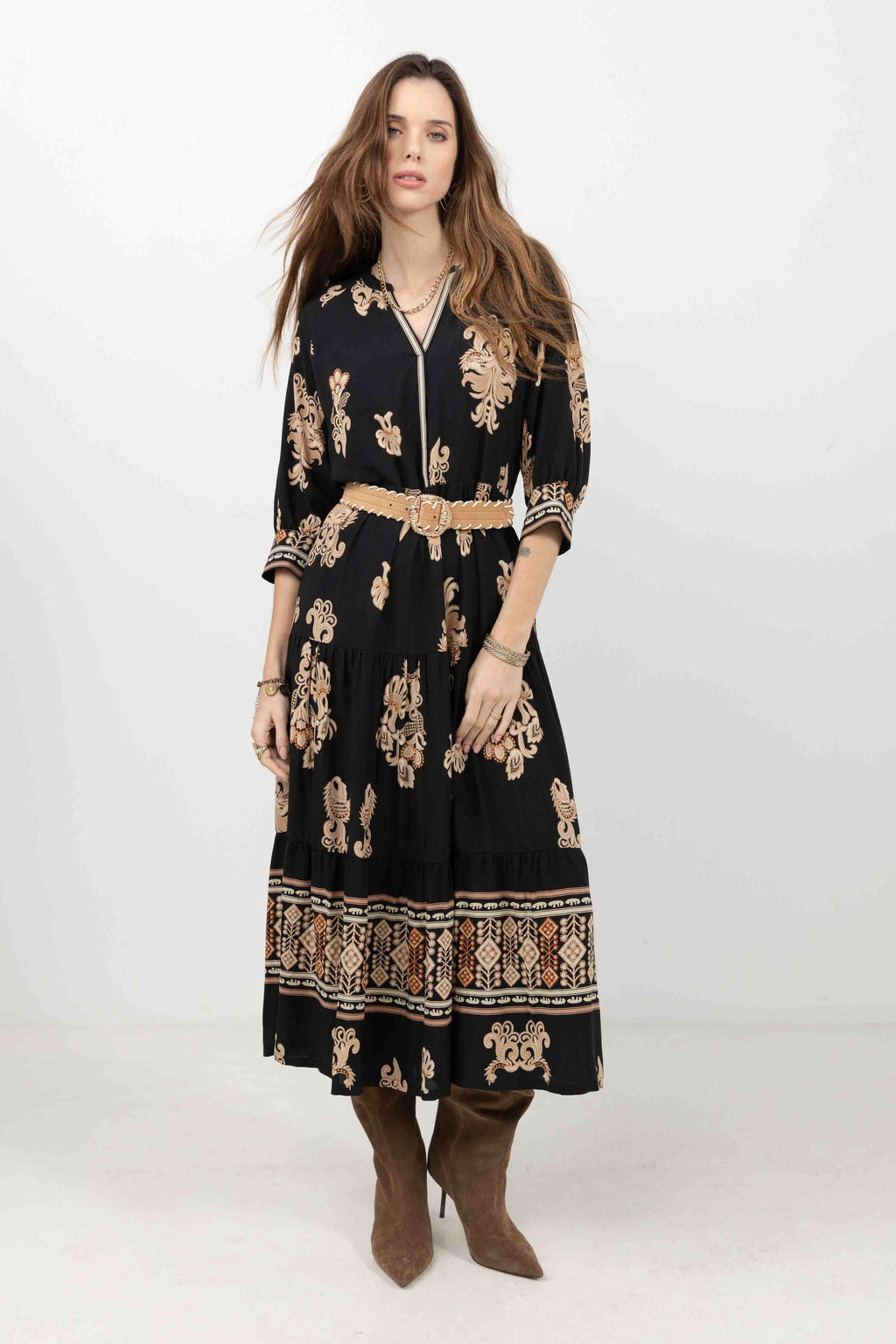 Robe longue bohème imprimé noir beige - 1
