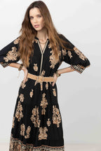 Robe longue bohème imprimé noir beige - 2