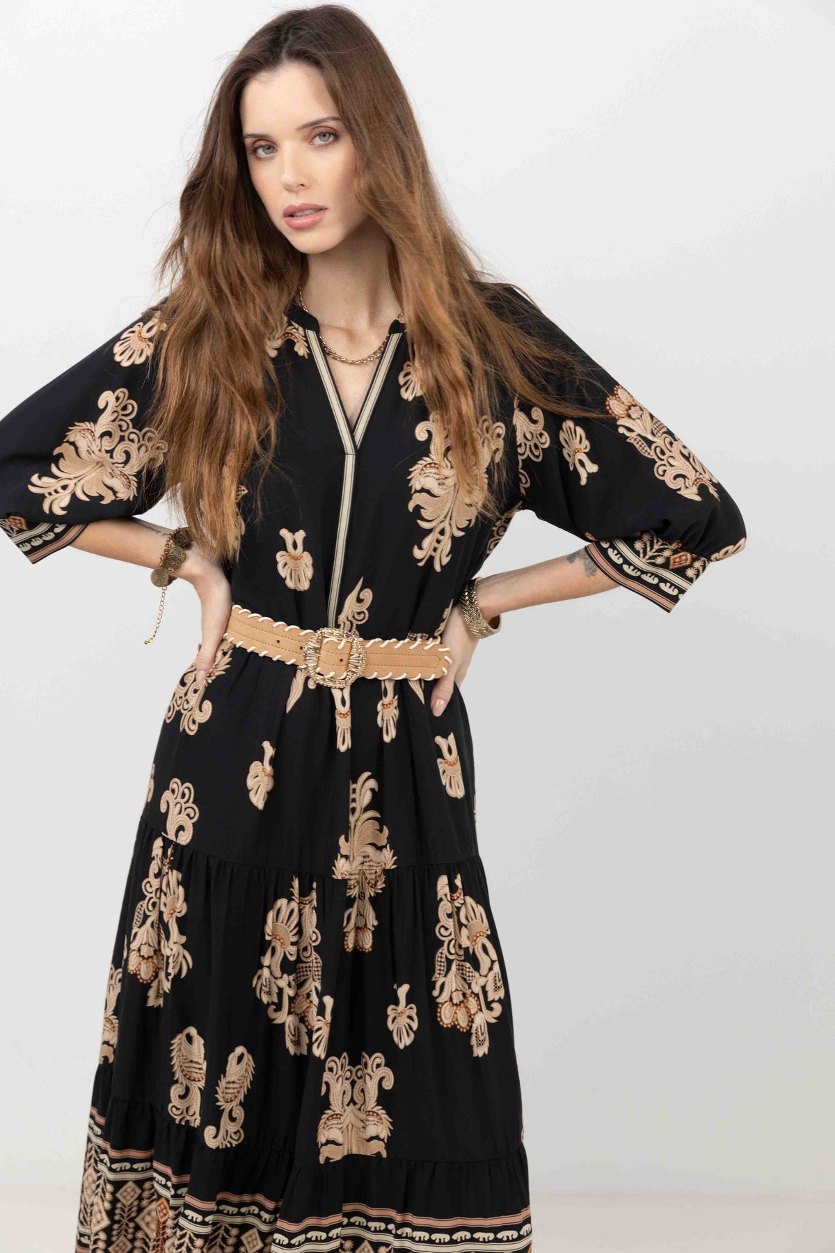Robe longue bohème imprimé noir beige - 2