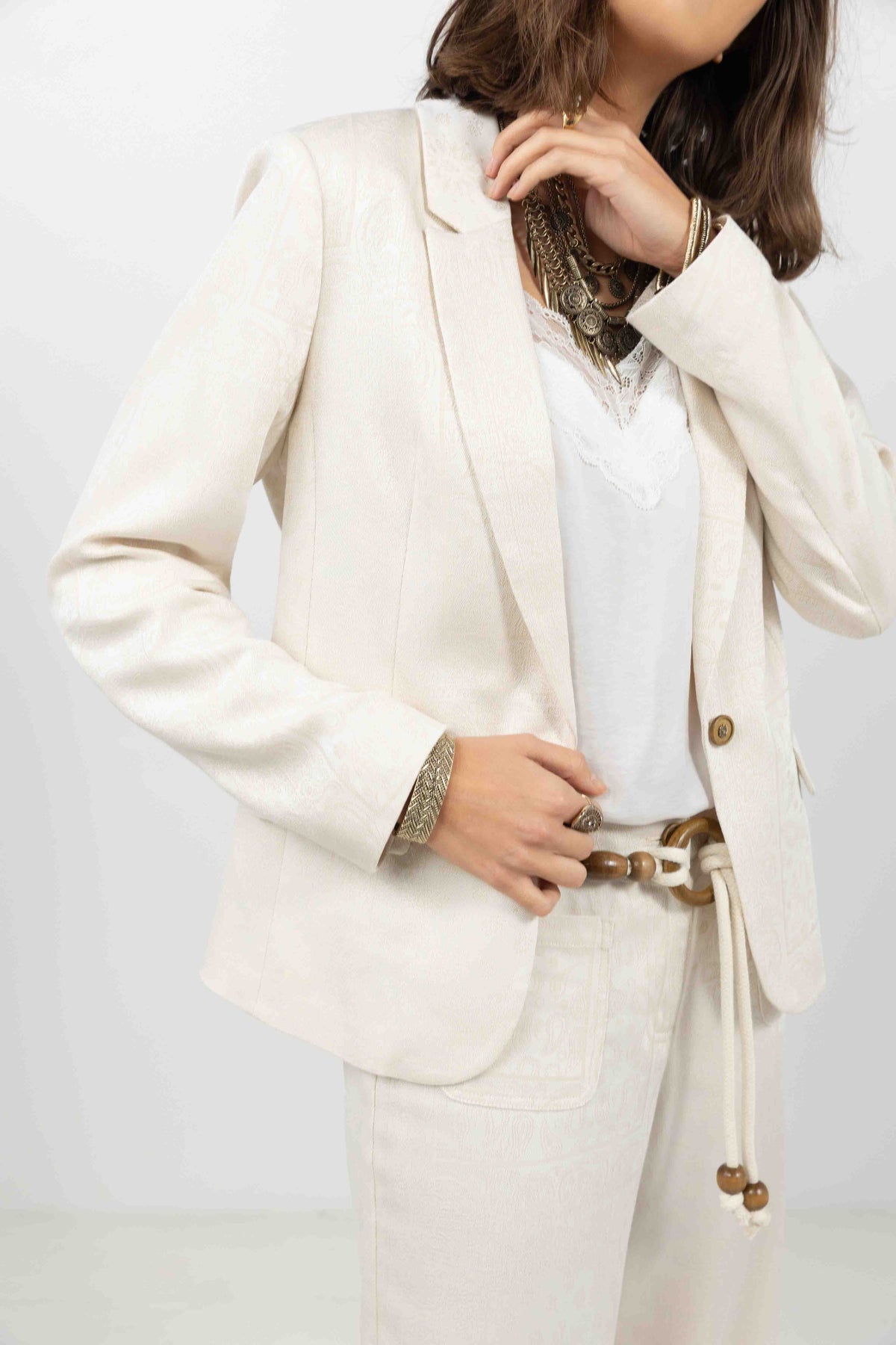Veste tailleur jacquard écru beige - 2