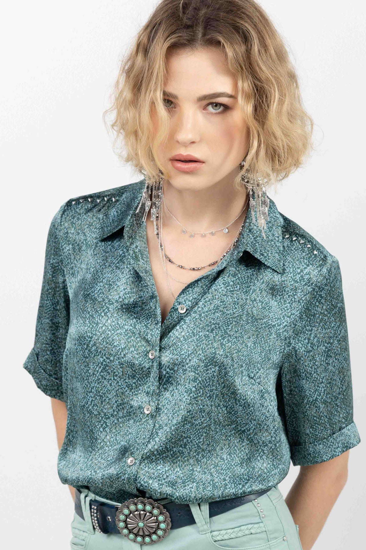 Chemise satin imprimé bleu - 1
