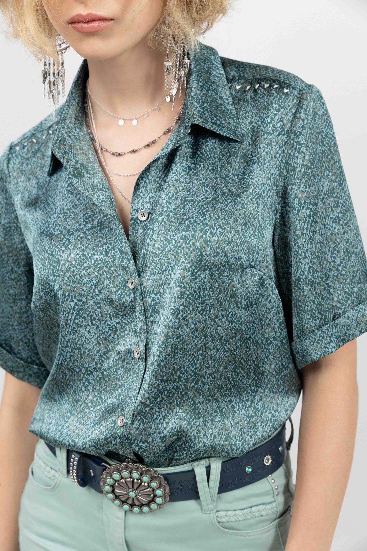 Chemise satin imprimé bleu - 2
