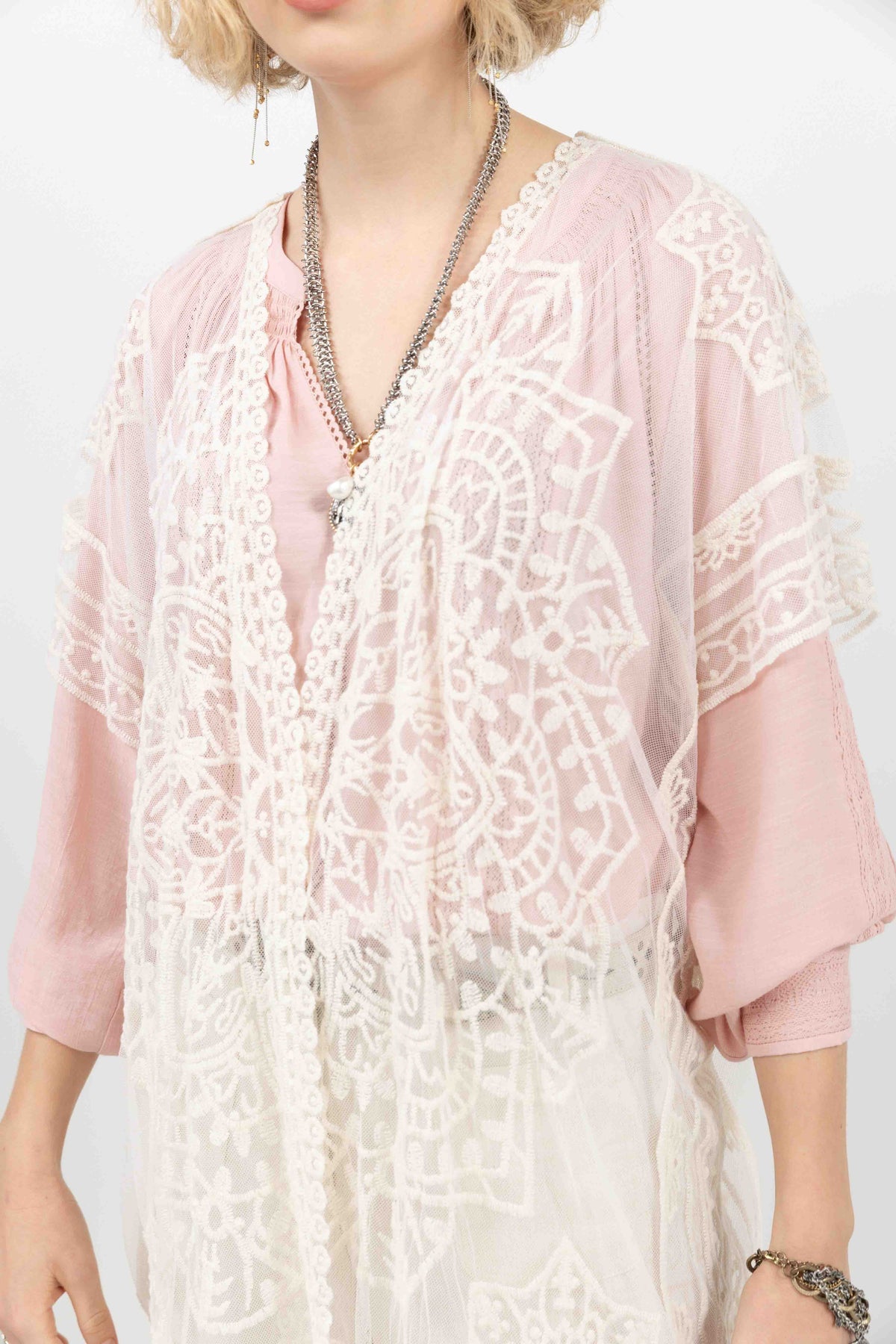 Poncho écru long dentelle bohème - 2