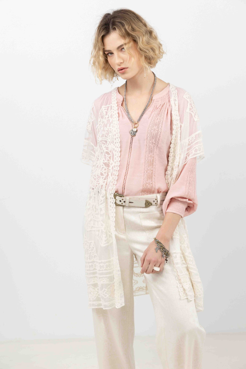Poncho écru long dentelle bohème - 1
