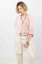 Poncho écru long dentelle bohème - 1