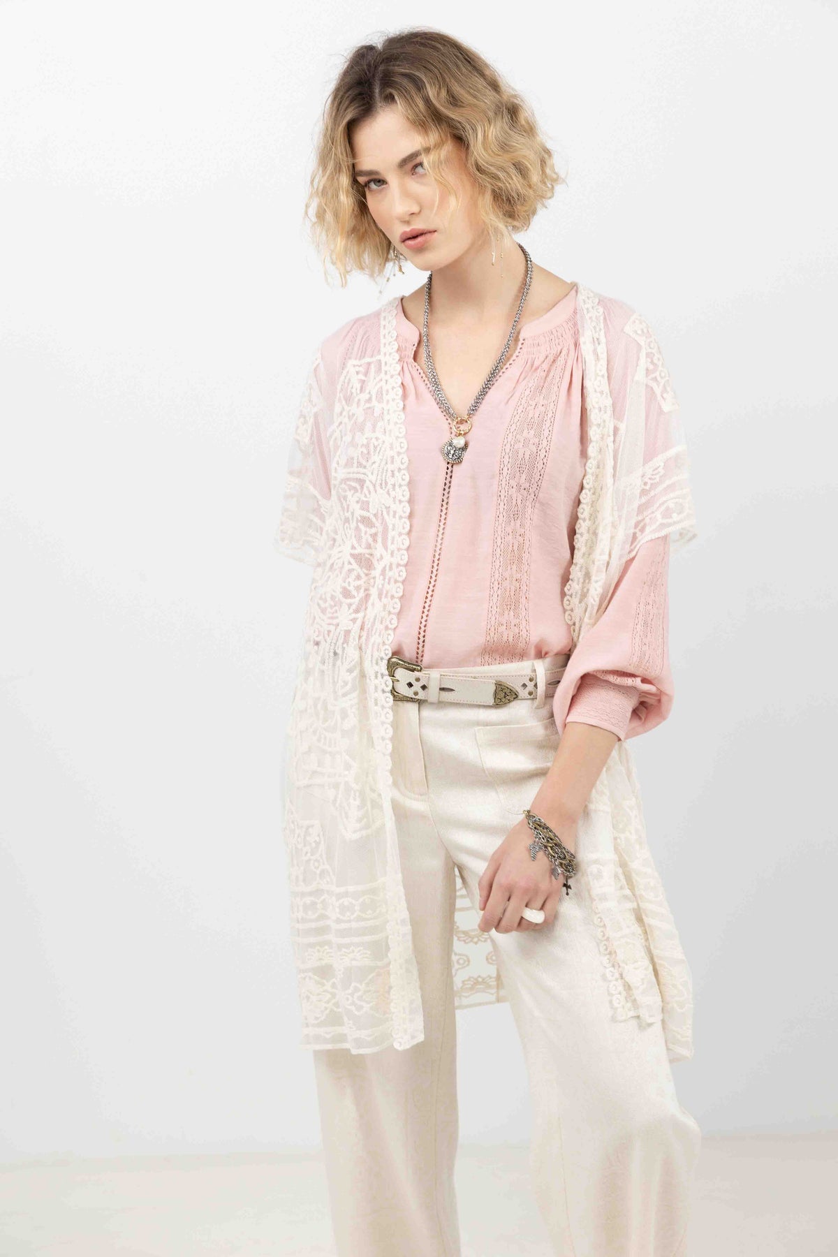 Poncho écru long dentelle bohème - 1