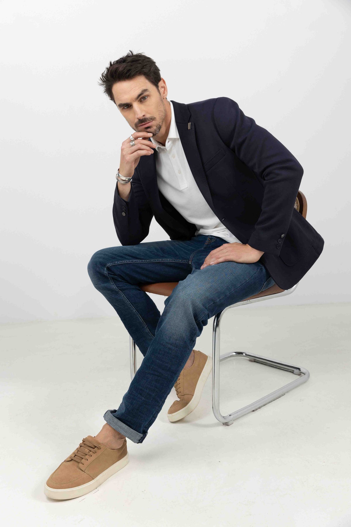 Jean denim bleu stretch coupe droite - 1