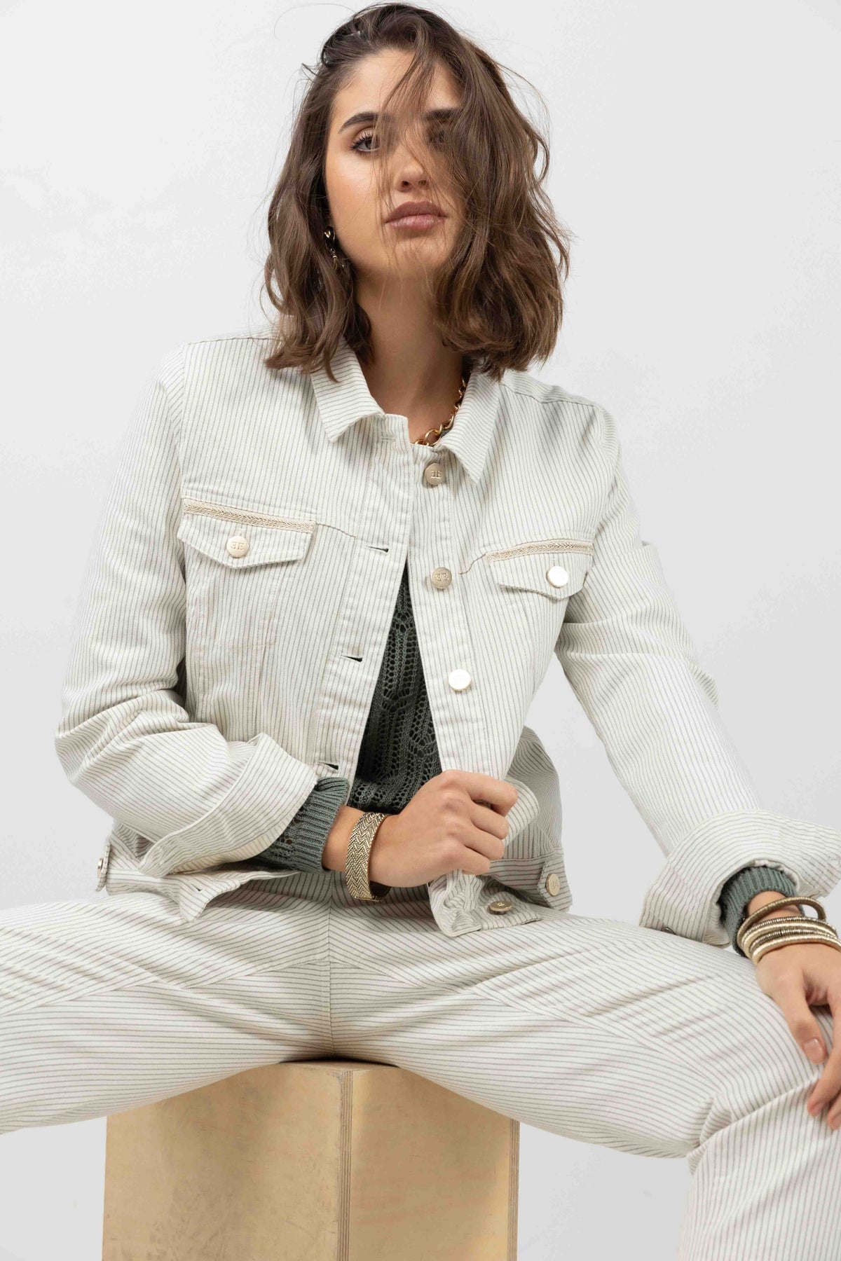 Veste en jean écru rayé kaki - 2